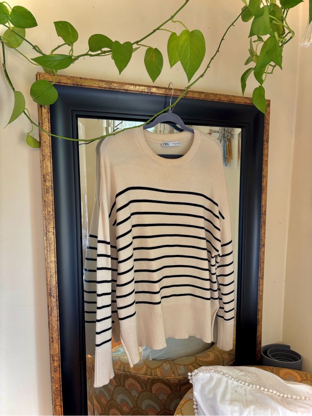 Zara Cream & Black Striped Crew Neck Sweater